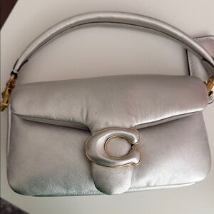 Silver Leather Top-Handle Shoulder Bag with Signature 'C' Accent